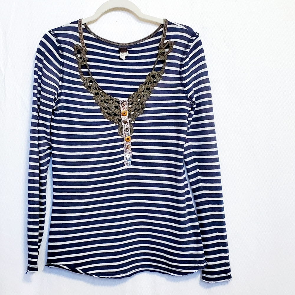 Free People We The Free Blue Striped Long Sleeve Boho Top Medium